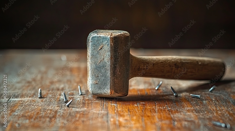 Hammer with Nails on a Wooden Surface, Representing Construction, Carpentry, and DIY Home Improvement Hammer with Nails on a Wooden Surface, Representing Construction, Carpentry, and DIY Home Improvement