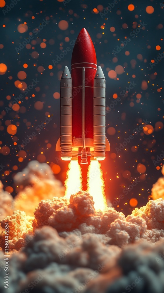 Fototapeta premium Rocket launch into space with bright flashes of fire and smoke. Background for scientific and technological presentations.