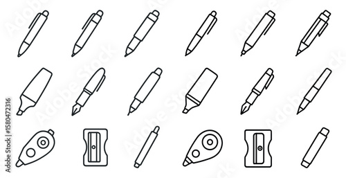 Set of pens and pencils are shown in a line. The pens are of various sizes and styles, including ballpoint, fountain, and gel pens. The pencils are also of different types, such as graphite