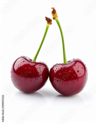 Two Ripe Red Cherries with Water Droplets on White Background