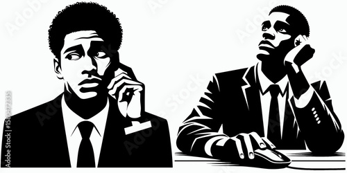 African American Business man Looking distracted. Corporate Entrepreneurship Management Finance Marketing Clipart Line Art Vector Illustration. Black entrepreneur seeming preoccupied.