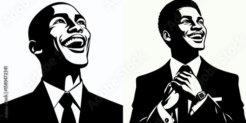 African American Business man Looking elated. Corporate Entrepreneurship Management Finance Marketing Clipart Line Art Vector Illustration. Black entrepreneur feeling joyful an overjoyed.