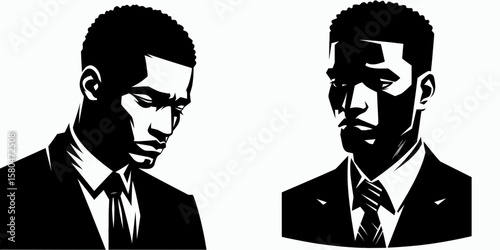 African American Business man Looking melancholic. Corporate Entrepreneurship Management Finance Marketing Clipart Line Art Vector Illustration. .