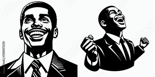 African American Business man Looking overjoyed. Corporate Entrepreneurship Management Finance Marketing Clipart Line Art Vector Illustration. .