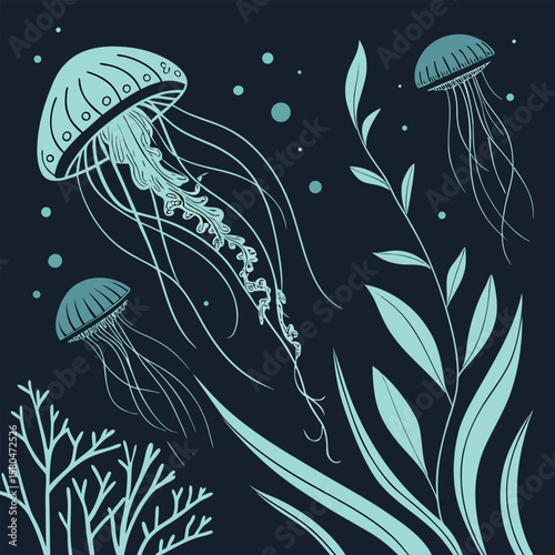 Oceanic serenity jellyfish and sea flora