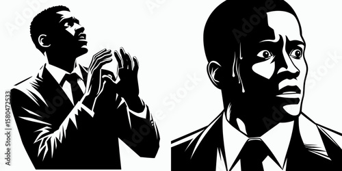 African American Business man Looking panicked. Corporate Entrepreneurship Management Finance Marketing Clipart Line Art Vector Illustration. .