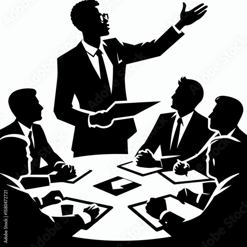 African American Business man video conferencing. Corporate Entrepreneurship Management Finance Marketing Clipart Line Art Vector Illustration. Black entrepreneur virtual meeting online.