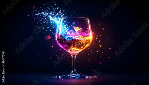 Colorful wine glass with ice and dynamic splash against a dark backdrop