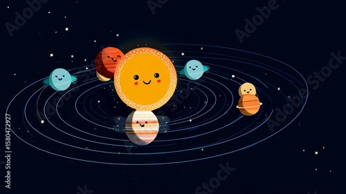 Adorable cartoon planets revolve around a smiling sun in the solar system.