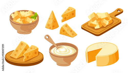Cheese set. Dairy product and various additives. Sour cream, cheese cubes, piece of cheese on cutting board, cheese head. Flat vector illustration on white background