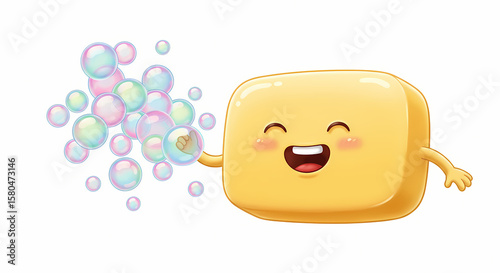 Happy Soap Character Blowing Colorful Bubbles: A Fun Illustration