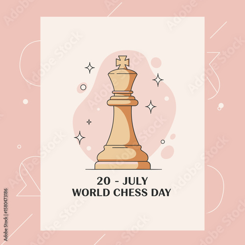 An elegant vector illustration featuring a king chess piece with sparkling accents, celebrating World Chess Day on July 20th against a soft pink background.