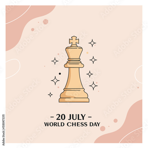 A minimalist illustration of a majestic chess king piece surrounded by sparkling stars, celebrating World Chess Day on July 20th against a soft pink background.