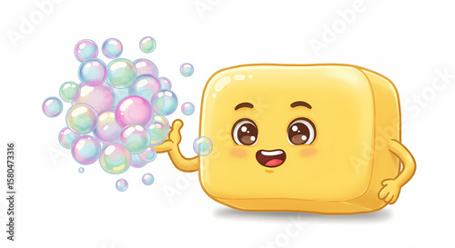 Cute Soap Cartoon Character with Bubbles: Cleanliness Illustration