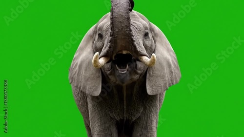 Elephant facing the camera, lifting trunk high and trumpeting loudly with expressive motion, isolated against a solid green screen background, ideal for wildlife and nature content.