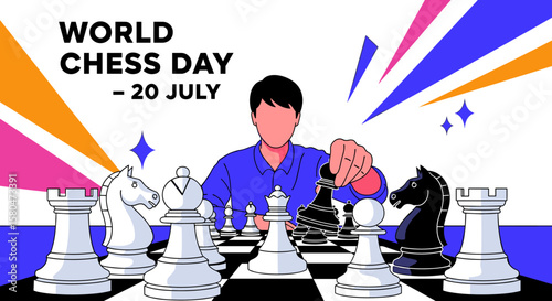 An engaging flat illustration depicts a person strategically moving a chess piece on a board, celebrating World Chess Day on July 20th with vibrant background elements.