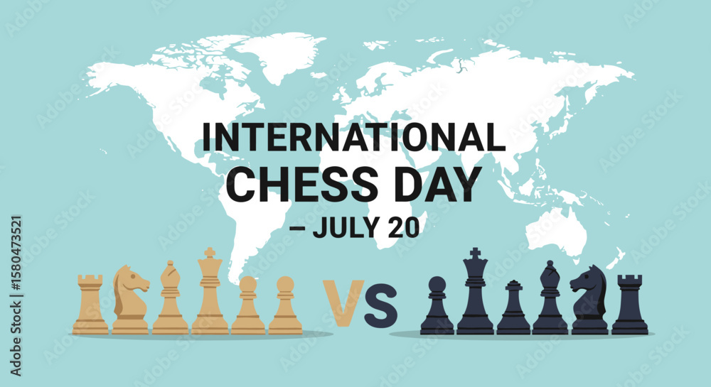Naklejka premium International Chess Day celebrated on July 20th with a global map backdrop and opposing chess pieces symbolizing competition.