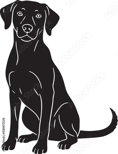 Silhouette illustration of a black Labrador Retriever sitting attentively with its tail curled, looking forward