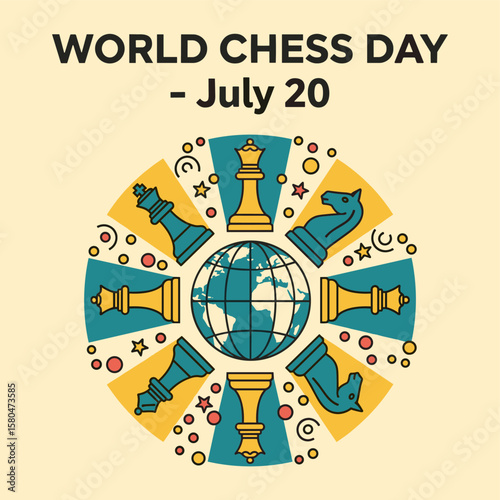 An illustrative graphic celebrates World Chess Day on July 20, featuring a globe surrounded by various chess pieces in a circular design.