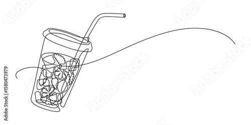 Plastic glass of mojito, or cocktail with lime and mint. Summer beverage. Continuous line drawing..