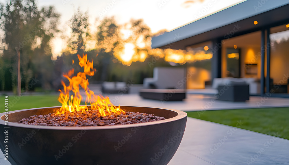 Modern Fire Pit with Flames at Dusk Modern Fire Pit with Flames at Dusk