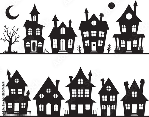 Spooky Haunted Halloween House Silhouette Vector

Scary Halloween House with Bats and Full Moon

Haunted Mansion Silhouette for Halloween Night

Creepy Abandoned House Halloween Vector Illustration

D