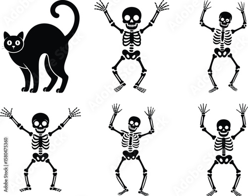Halloween graveyard silhouette vector with happy halloween text, tree, tombstone, and full moon