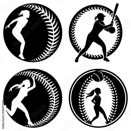 Four softball player silhouettes in baseball patterned circles showing different actions on a white background