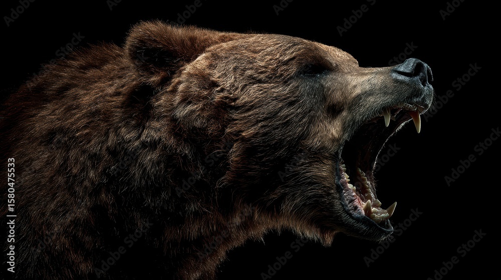 Fototapeta premium A roaring brown bear with sharp teeth is shown in dramatic lighting against a black background
