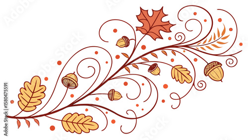 Autumnal flourish featuring acorns and leaves in warm earth tones with decorative swirls and dots design