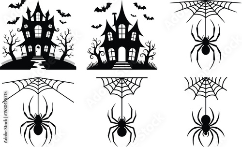 Halloween pumpkin silhouette vector with scary face and bat for spooky holiday decoration