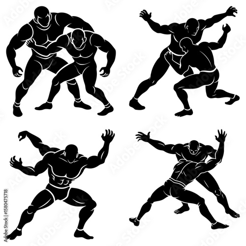 Illustrations of wrestlers in action showing various grappling and combat positions and stances on a white background