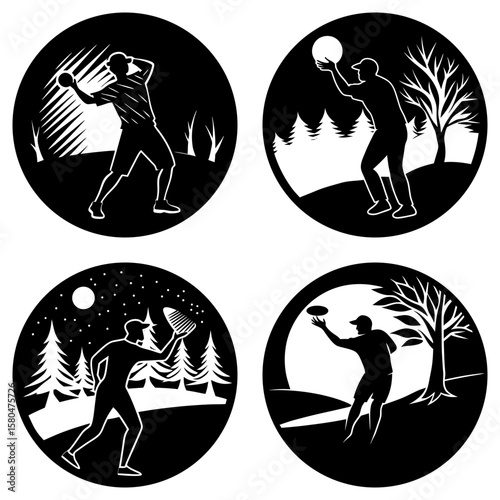 Four circular illustrations showing people playing with balls and frisbees in nature scenes