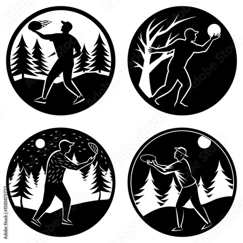 Four circular vignettes depicting figures throwing balls or frisbees in outdoor settings with trees and sky