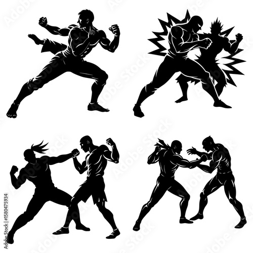 Silhouette depictions of martial artists in various fighting stances and combat situations shown in black