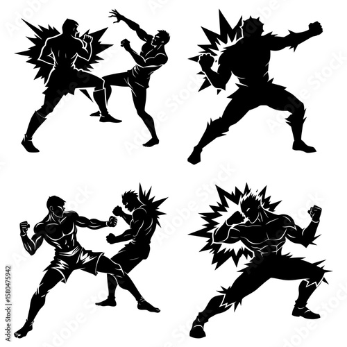 Silhouetted fighters engaged in combat with explosive impact effects in various dynamic poses and stances