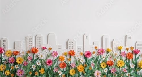 Paper city skyline with colorful paper flowers and green stems on a white background for a spring theme