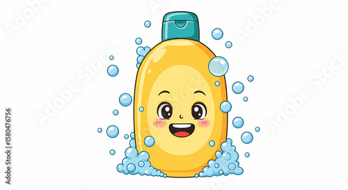 Cute Shampoo Bottle Cartoon:  Personal Care Product Illustration,  Bubble Bath,  Hygiene,  Cleaning Supplies Graphic
