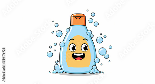 Happy Shampoo Bottle: Cartoon Illustration for Cleansing Products