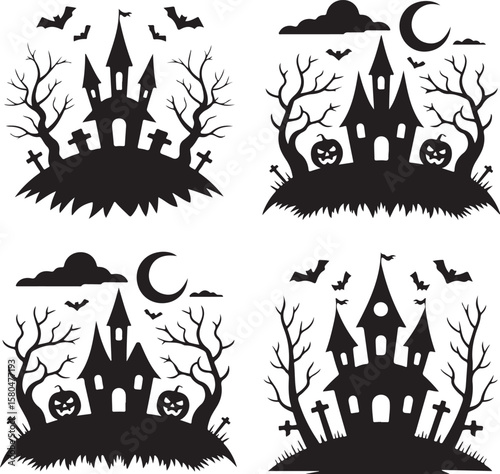 Spooky Haunted Halloween House Silhouette Vector

Scary Halloween House with Bats and Full Moon

Haunted Mansion Silhouette for Halloween Night

Creepy Abandoned House Halloween Vector Illustration

D