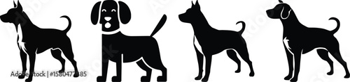 Four different dog breeds standing side by side silhouette