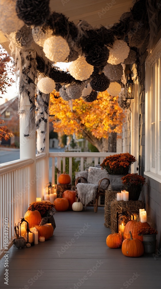 Obraz premium A cozy autumn porch adorned with orange pumpkins, warm candles, and festive decorations, creating an inviting atmosphere for the fall season and holiday celebrations.
