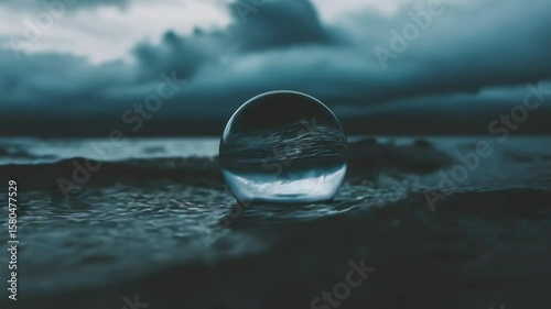 Glass sphere floating on water surface of dark stormy ocean.	