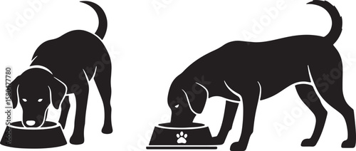 Two black dog silhouettes eating from bowls, one with a paw print