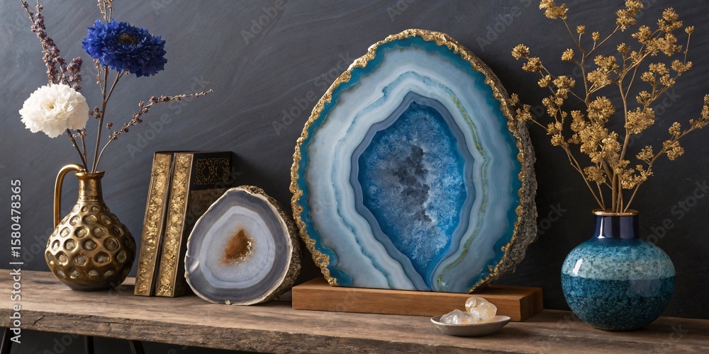 Fototapeta premium Ethereal Blue Geode and Agate Still Life with Dried Flowers Vase V2