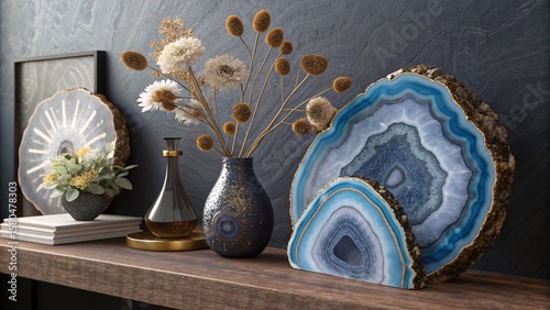 Ethereal Blue Geode and Agate Still Life with Dried Flowers Vase V3