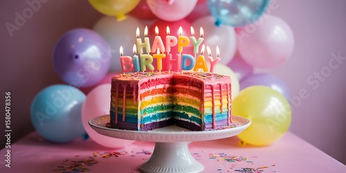Rainbow layered birthday cake with lit candles and colorful balloons on a pink surface