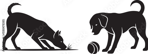 Two stylized dogs, one sniffing grass, the other looking at a ball
