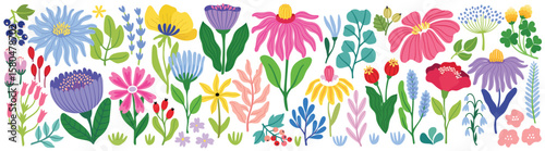 Floral collection with flowers, leaves for your design. Hand drawn set. Vector illustration.