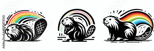 Beaver with rainbow splash tail. Cartoon Clipart Silhouette Vector Illustration Coffee Line Art Illustration. Rodent animal having colorful liquid tail image.